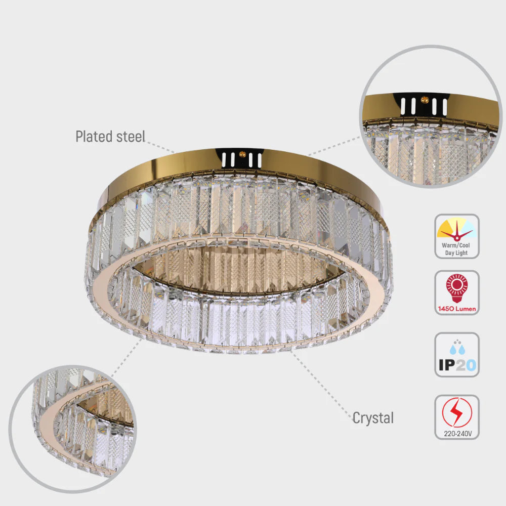 Ring Crystal Gold Flush Ceiling Chandelier Light with Remote Control 3 Colour 11