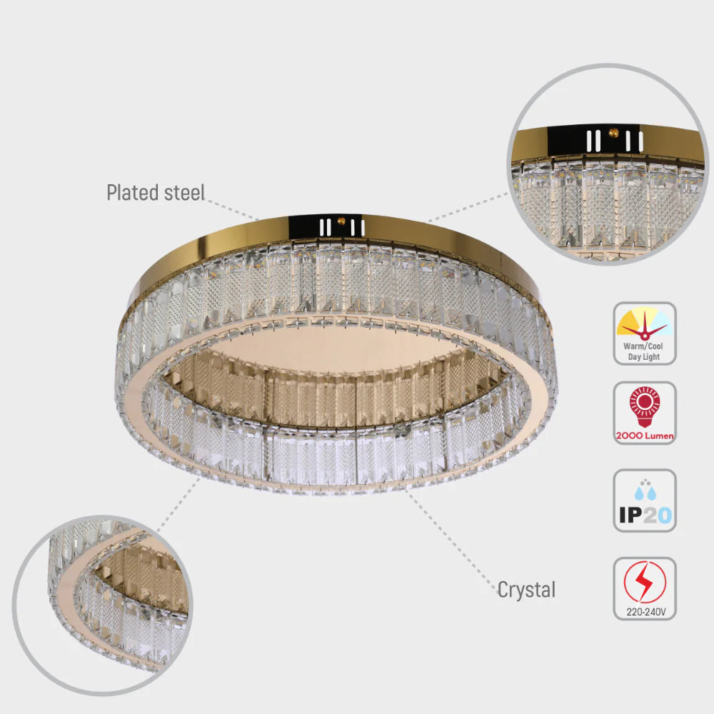 Ring Crystal Gold Flush Ceiling Chandelier Light with Remote Control 3 Colour 12