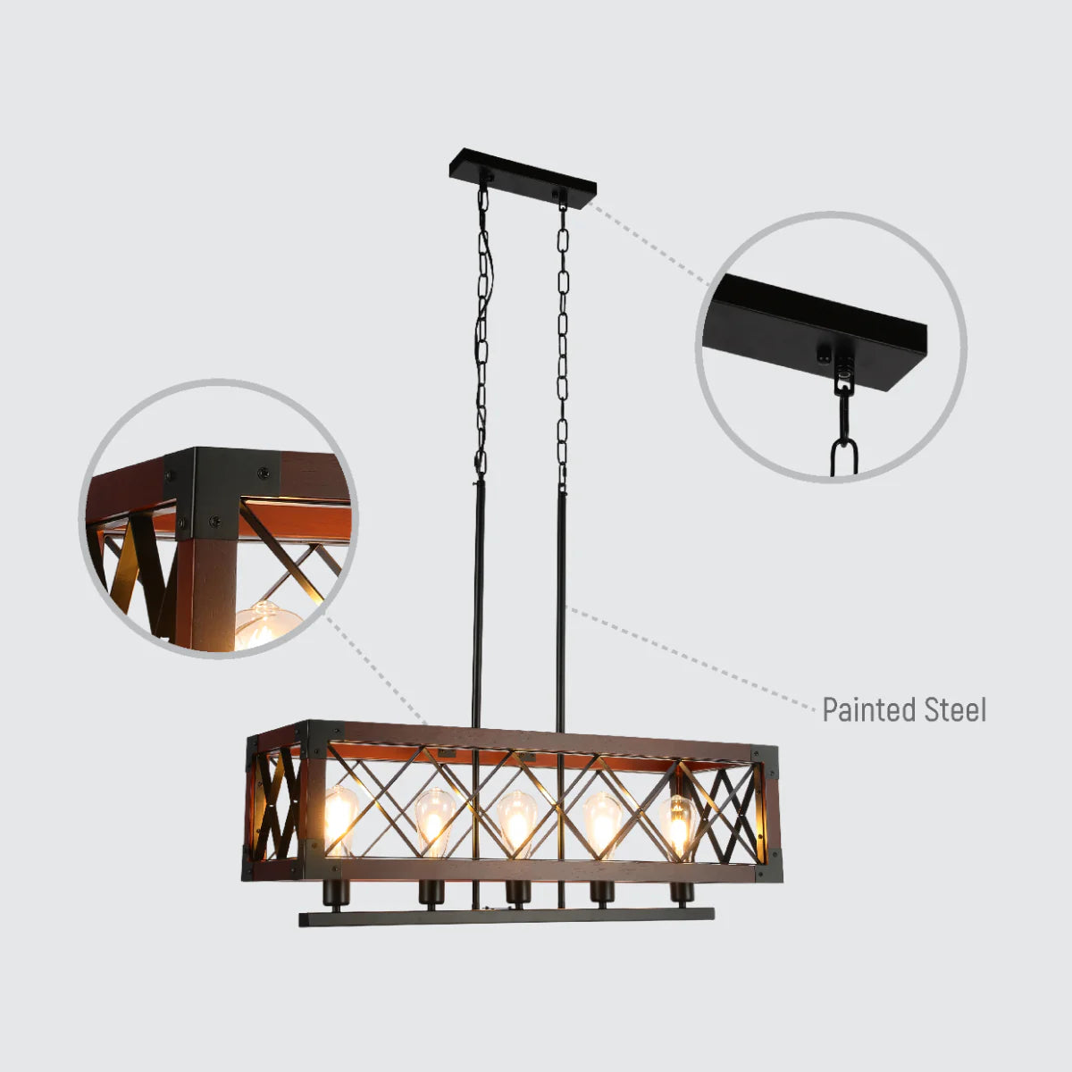 Lighting properties of Rustic Rectangular Cage Chandelier - Wood Accent, 5-Light 150-19046