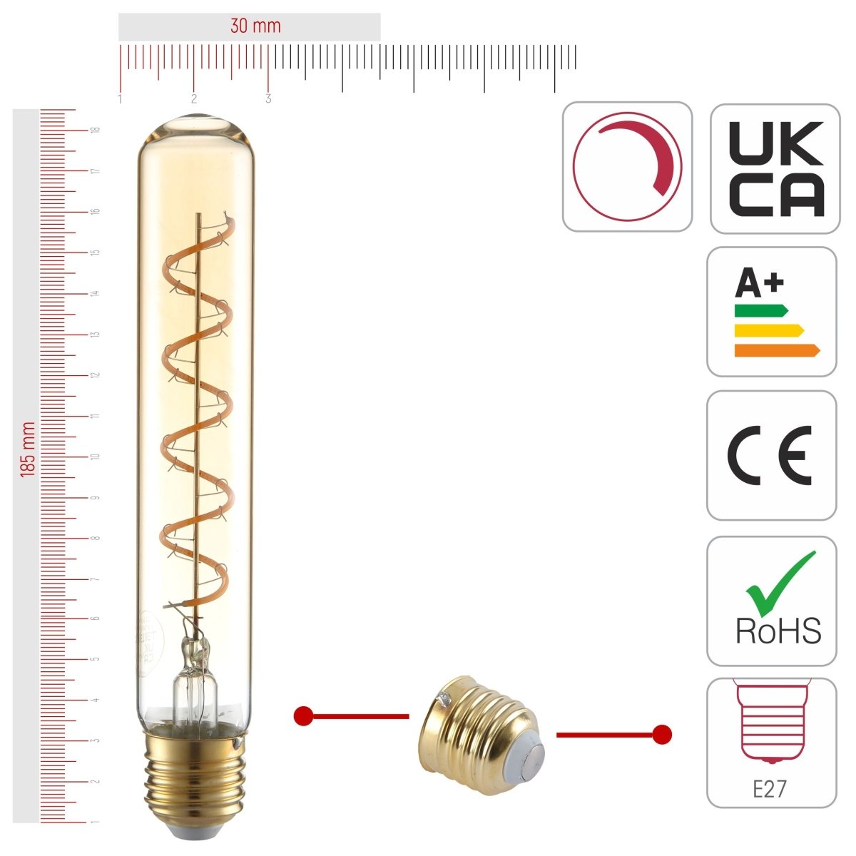 Size and certifications of LED Dimmable Filament Bulb T30 Tubular E27 Edison Screw 4W 240lm 185mm Warm White 2400K Amber Pack of 4 | TEKLED 583-150565