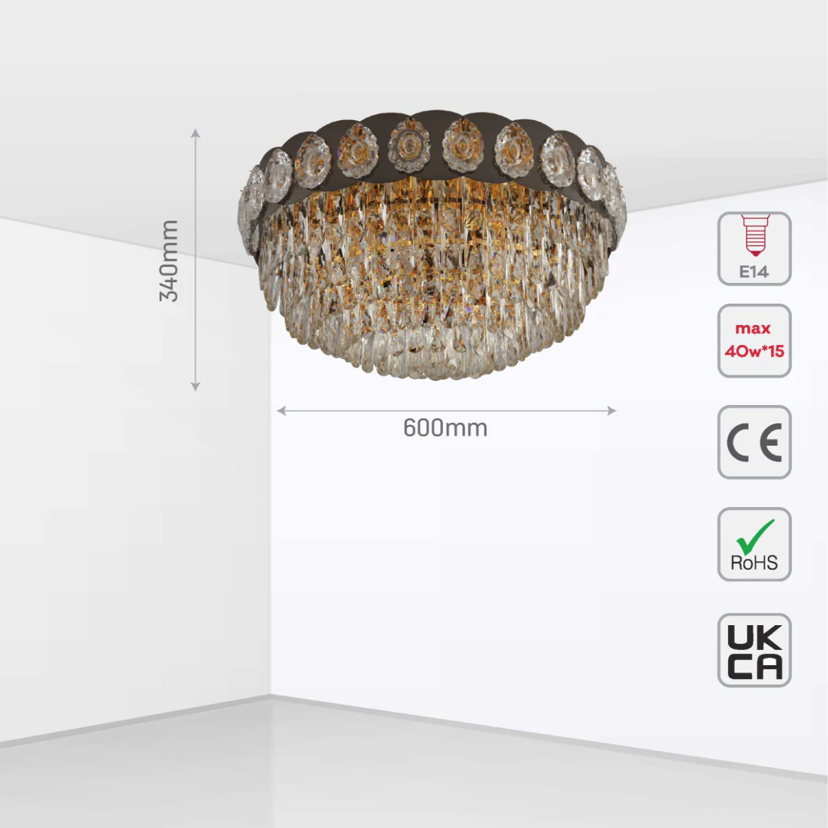 Size and certifications of Luxury Clear Crystal Flush Modern Ceiling Chandelier Light Gold | TEKLED 159-18009