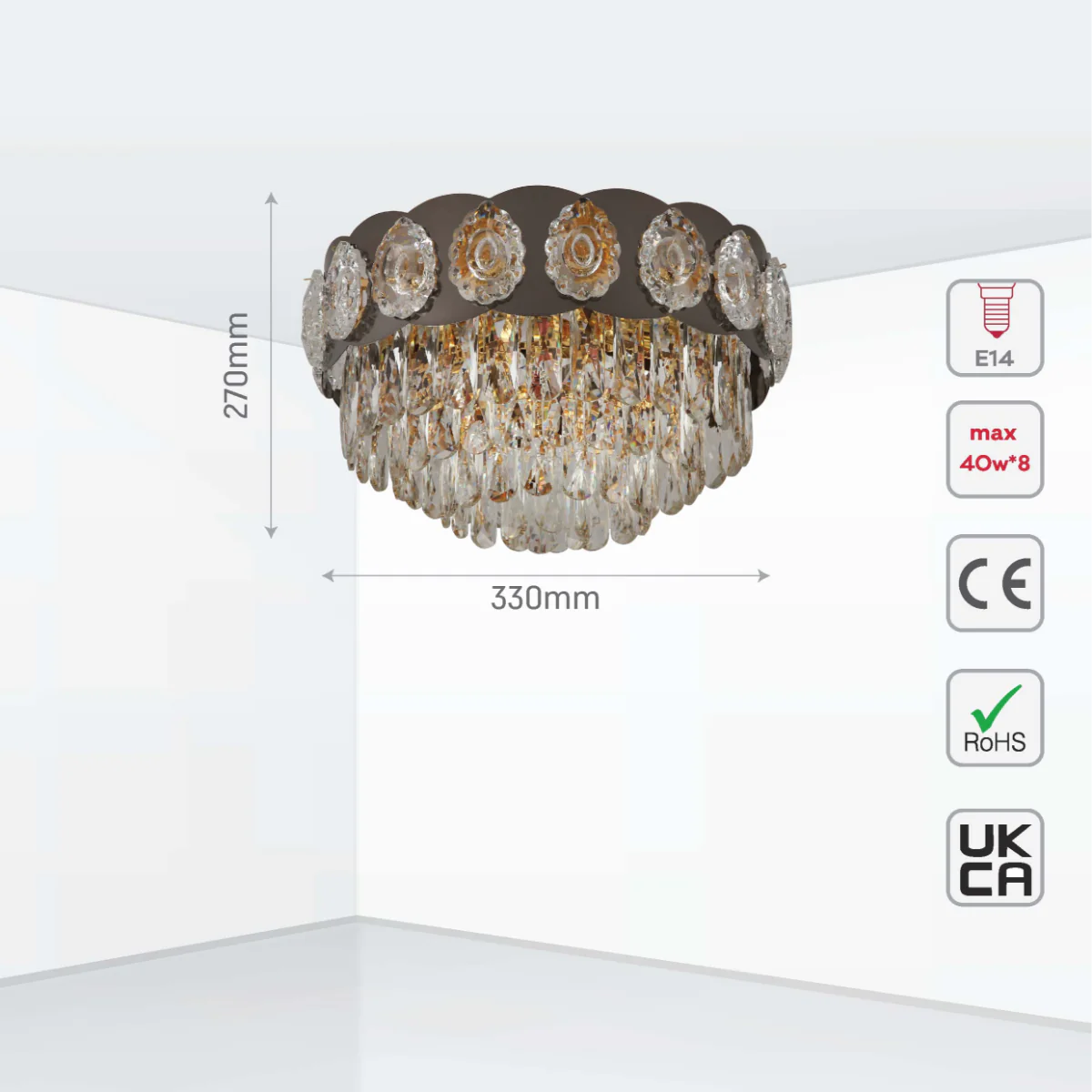 Size and certifications of Luxury Clear Crystal Flush Modern Ceiling Chandelier Light Gold | TEKLED 159-18007