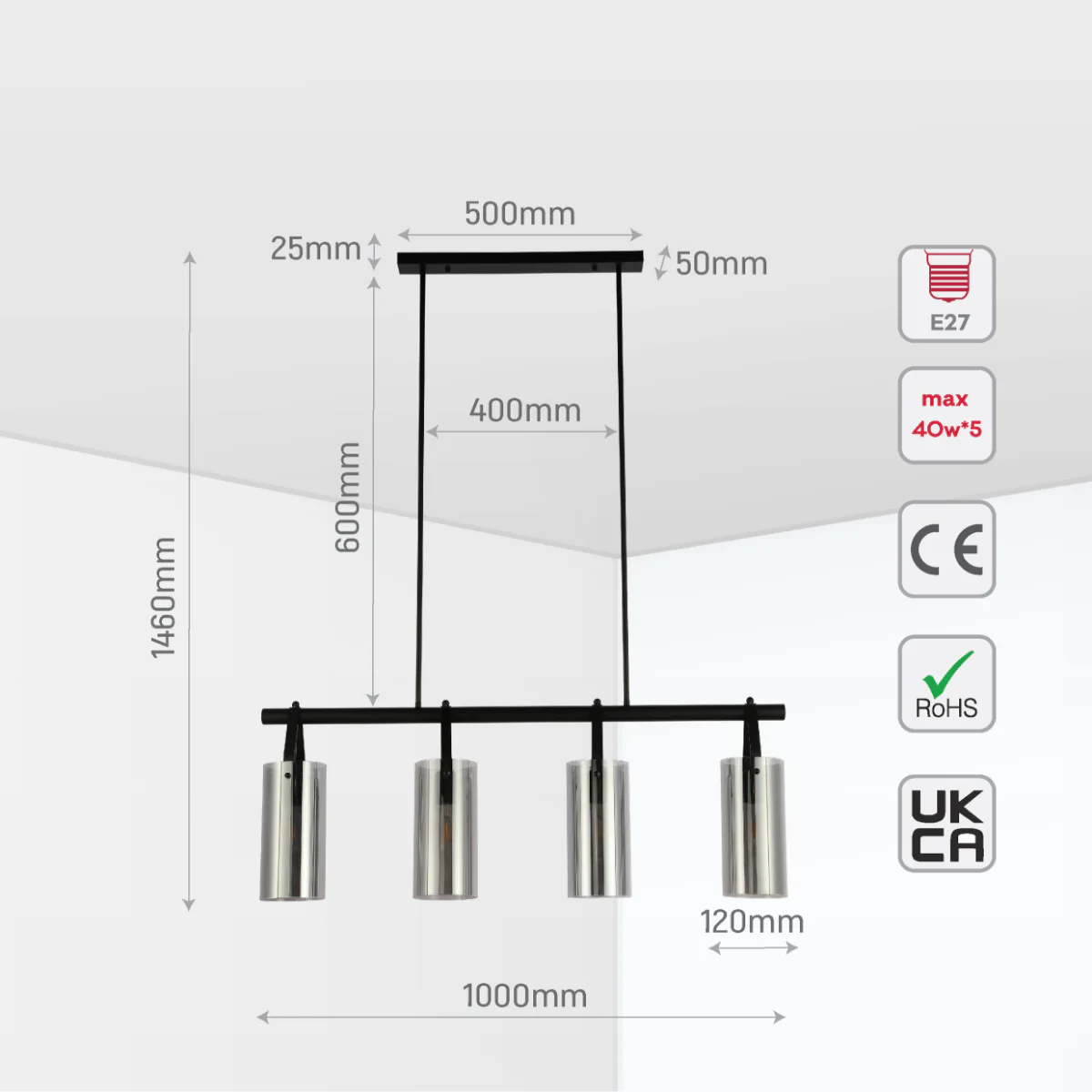 Size and certifications of Smoky Glass Chandelier - Linear & Round Variants, Adjustable Drop 150-19042