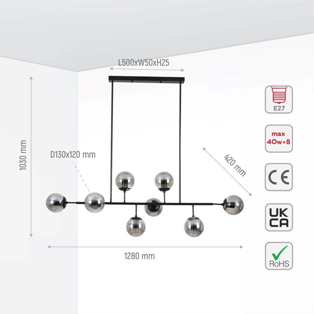 measurements of smoke grey globe and black  metal body 8 globes kitchen island ceiling light