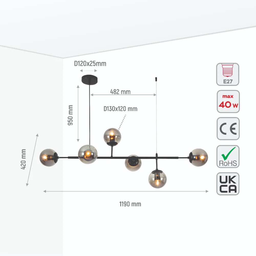 Size and specs of Smoky Globe Glass Black Metal Island Chandelier Ceiling Light with 6xE27 Fitting | TEKLED 159-17454