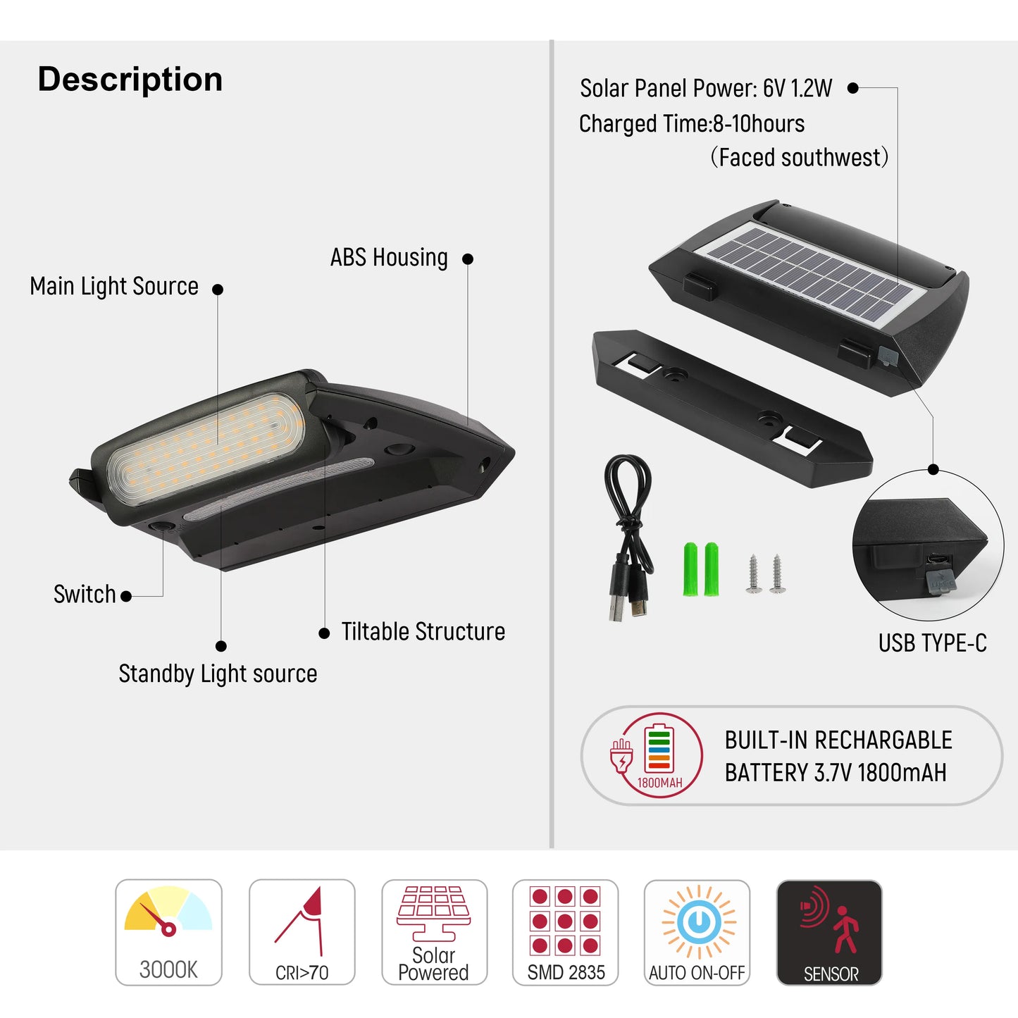 Solar-Powered Tiltable LED Wall Light, Motion Sensor, 3000K Warm White, Rechargeable, Outdoor Use, Solar Security Light With Sensor, TEKLED