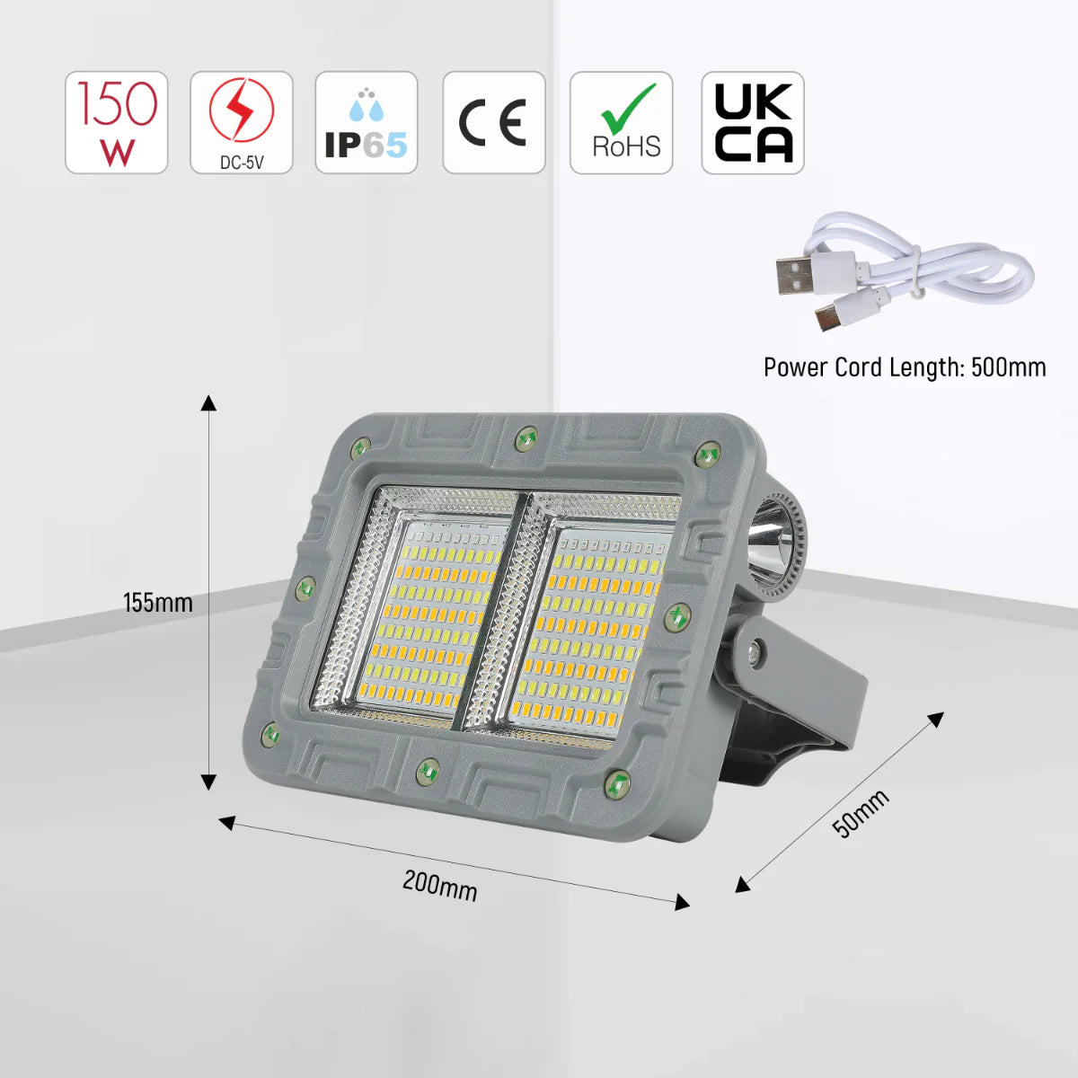 Size and certifications of Solar Rechargeable Emergency Fllodlight 5 in 1 224-03350