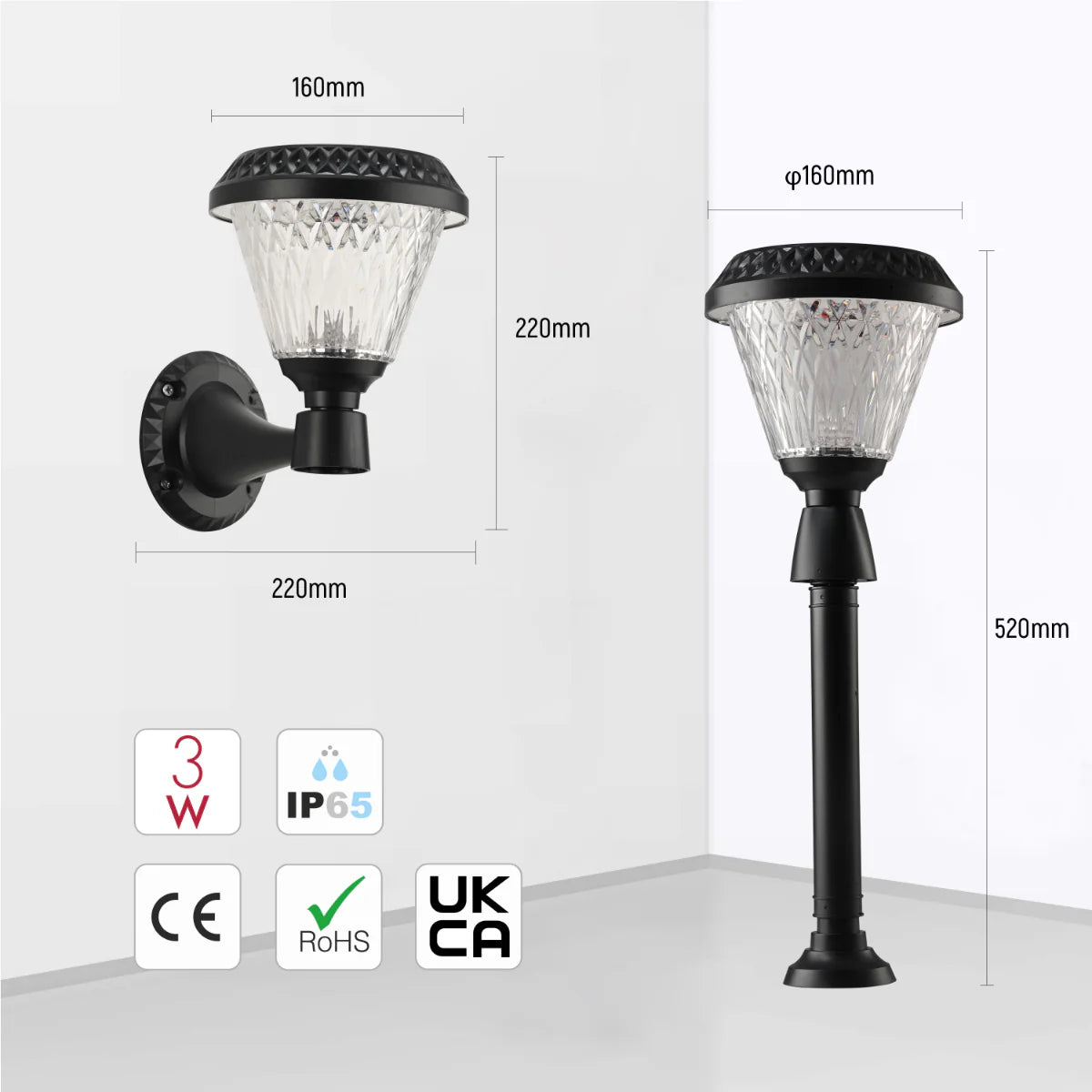 Size and certifications of Solar Wall Light, Pier Mount Light, Bollard Light 3 in 1 252-03305