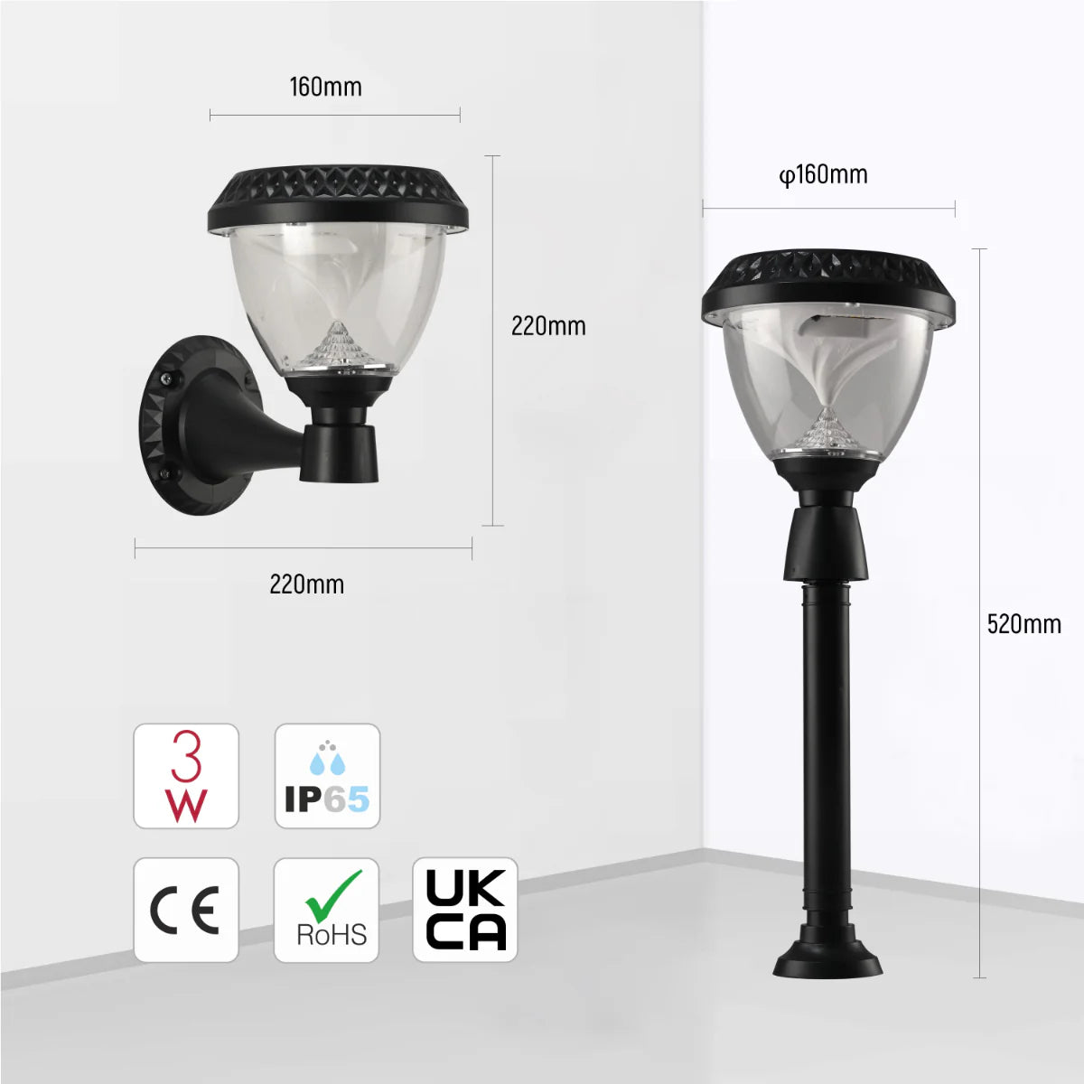 Size and certifications of Solar Wall Light, Pier Mount Light, Bollard Light 3 in 1 252-03307