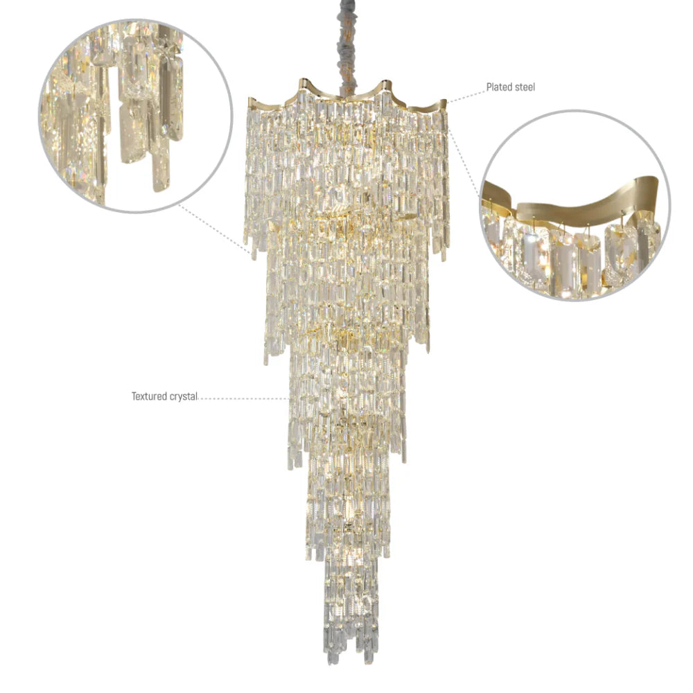 Close shot of Star Crystal Staircase Chandelier Ceiling Light Gold