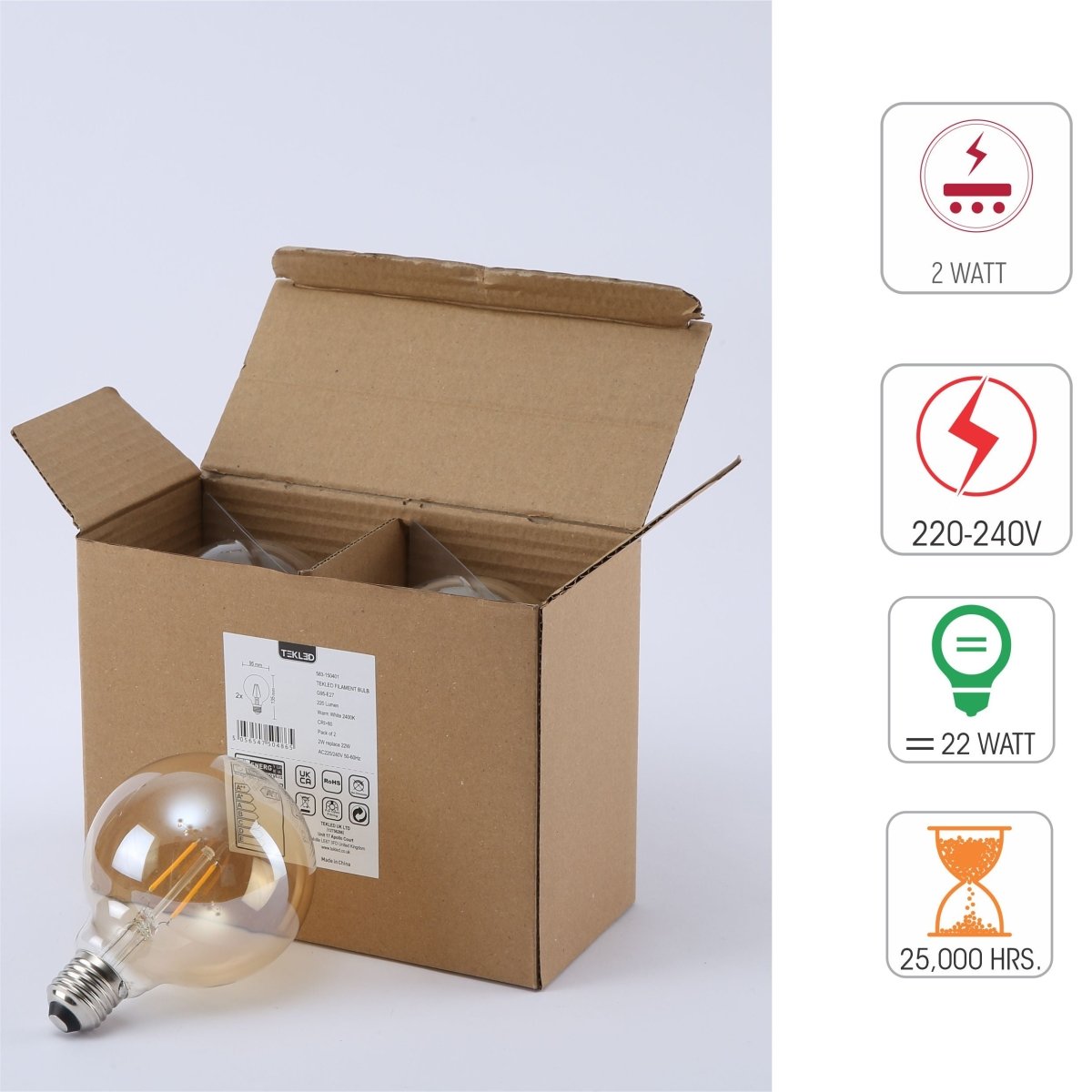 Technical specs of LED Filament Bulb G95 Globe E27 Edison Screw 2W 220lm Warm White 2400K Amber Pack of 2 | TEKLED 583-150401