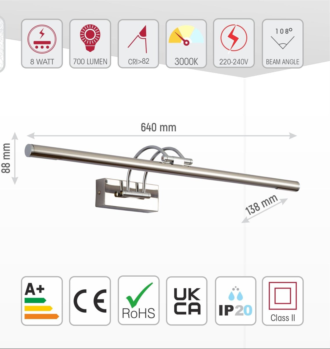 Technical specs and measurements for LED Mirror and Painting Light 8W Warm White 3000K Chrome 64cm