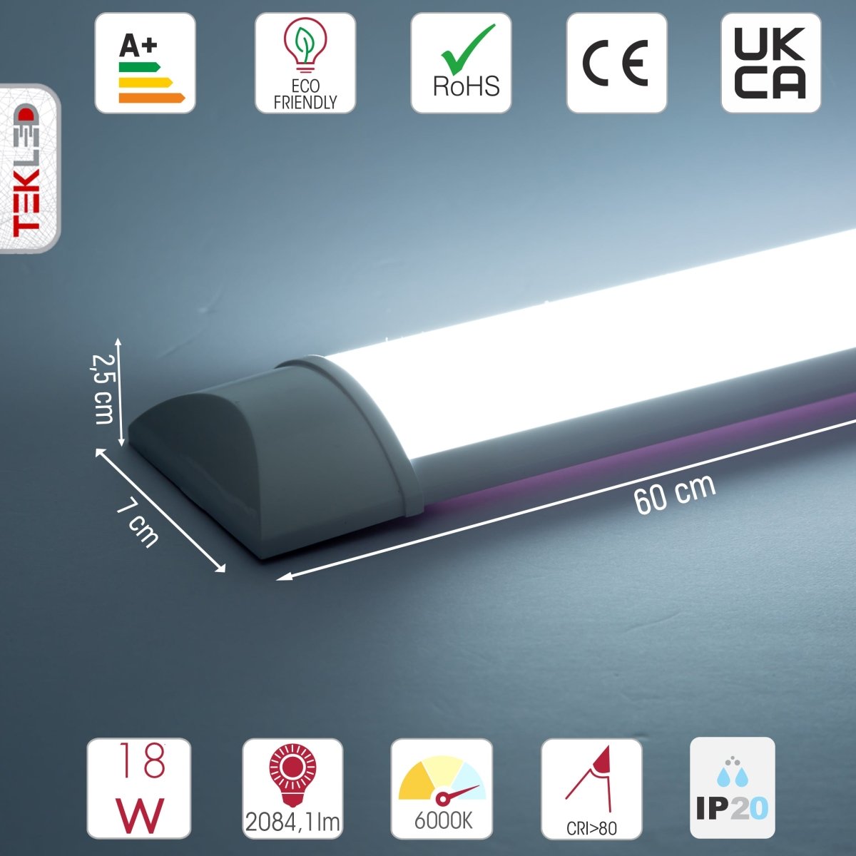 Technical specs and measurements for LED Surface Mounted Linear Fitting 18W 6500K Cool Daylight IP20 60cm 2ft