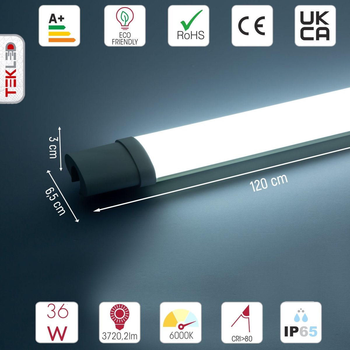 Technical specs and measurements for LED Tri-proof Slim Batten Linear Fitting 36W 6500K Cool Daylight IP65 120cm 4ft