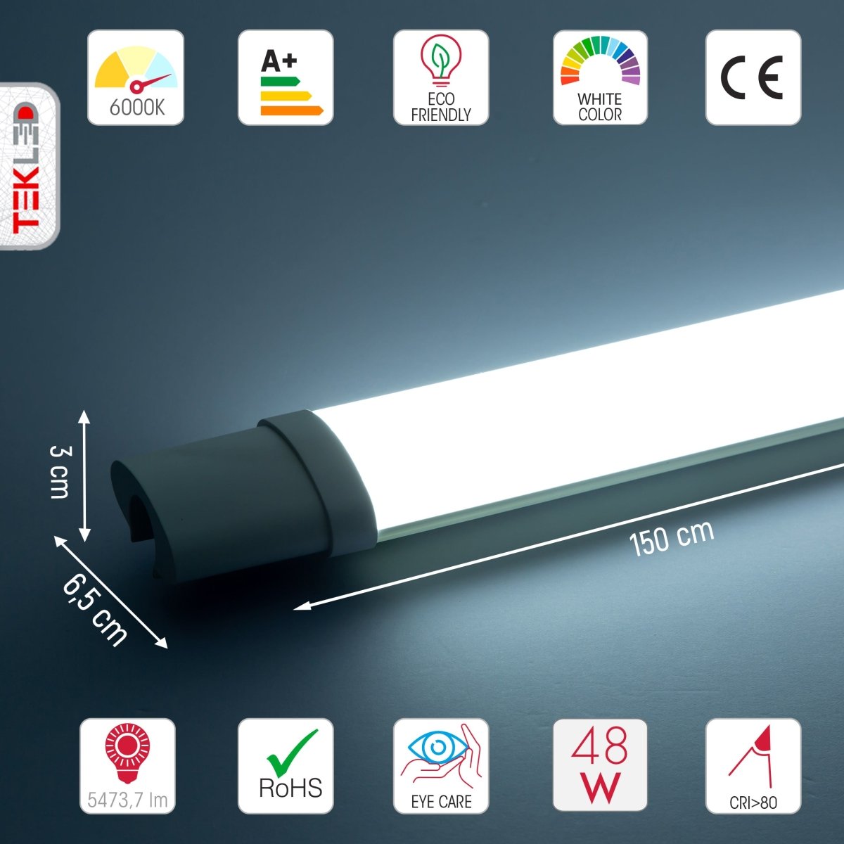 Technical specs and measurements for LED Tri-proof Slim Batten Linear Fitting 48W 6500K Cool daylight IP65 150cm 5ft