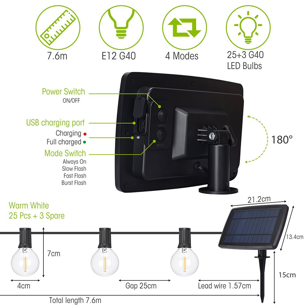 Dimensions and features of Castor Solar LED Bulb String 25pcs Globe G40 76m with USB Charging Port Weatherproof Festoon Light