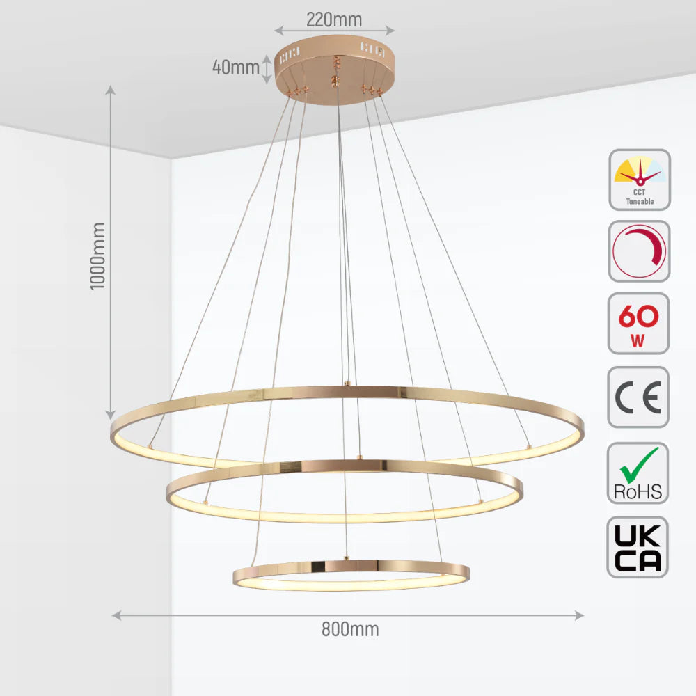 Size and tech specs of Tri-Ring Customizable LED Chandelier | Modern Elegance Ceiling Light | Versatile Design Options | TEKLED 159-17944