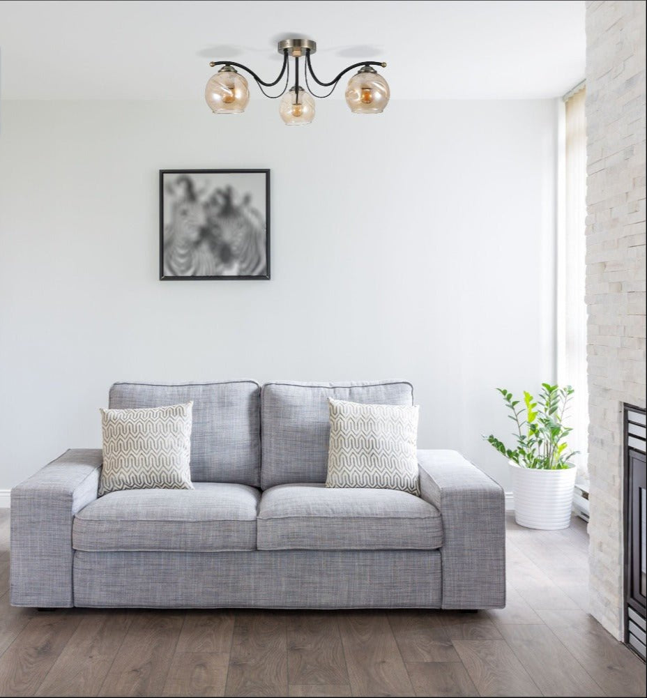 Amber Glass Dome Black And Antique Brass Metal Semi Flush Ceiling Light 3Xe27 in indoor setting living room