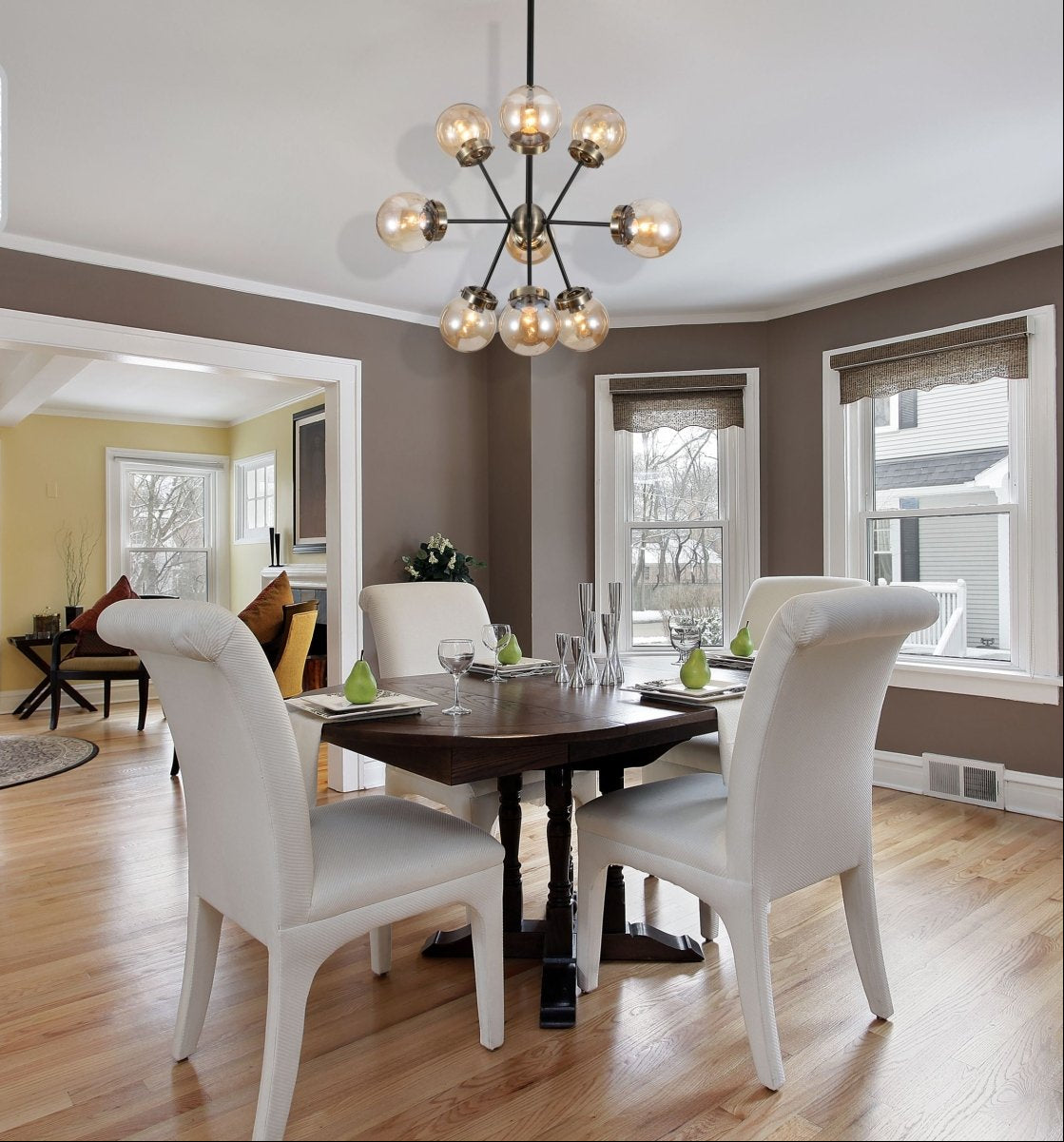 Amber Glass Globe Black And Antique Brass Semi Flush Ceiling Light 9Xe27 in indoor setting living room