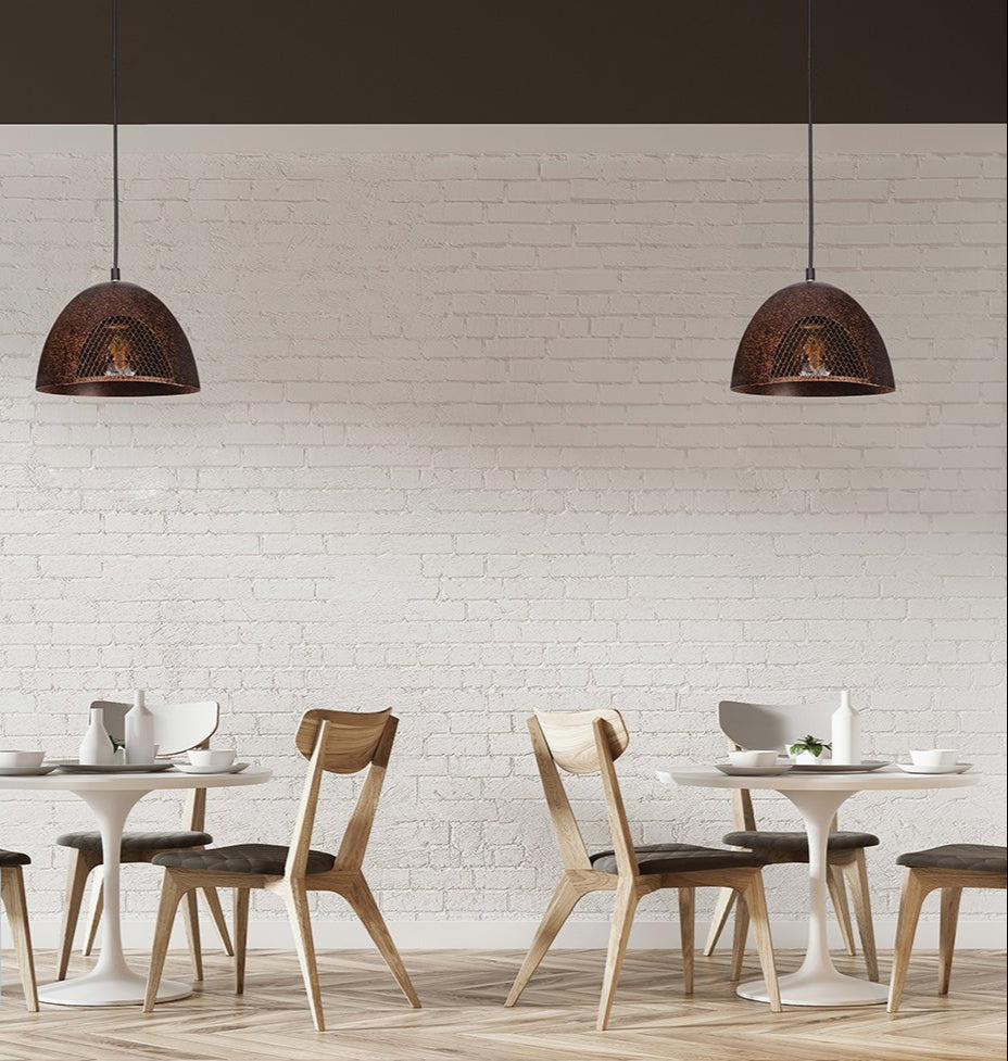 Rusty brown metal dome pendant light s with e27 fitting in indoor setting cafe table top