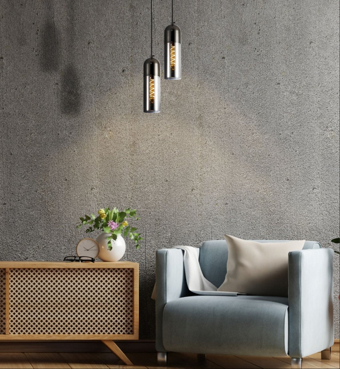 Smoky Glass Pearl Black Plated Top Cylinder Pendant Light E27 in indoor setting double usage at living room