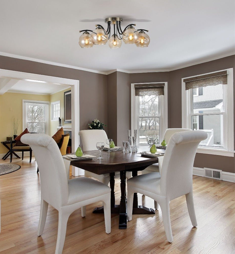 Amber Glass Dome Black And Antique Brass Metal Semi Flush Ceiling Light 5Xe27 in indoor dining room