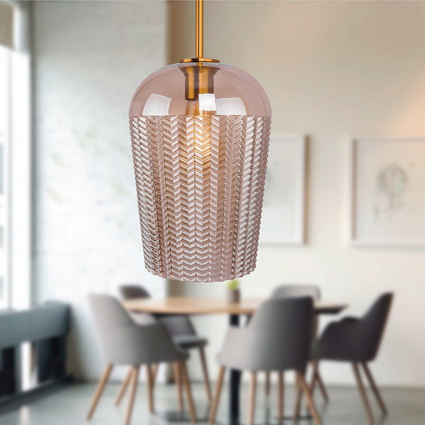 Amber glass schoolhouse pendant light with e27 fitting in indoor setting dining room