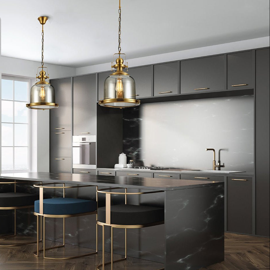 Golden bronze metal amber glass cylinder pendant light sealed with e27 fitting in indoor setting kitchen island