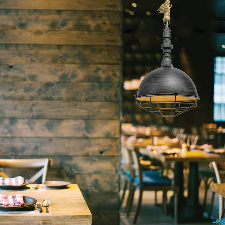 Silvery grey metal caged dome pendant light cafe single use table top