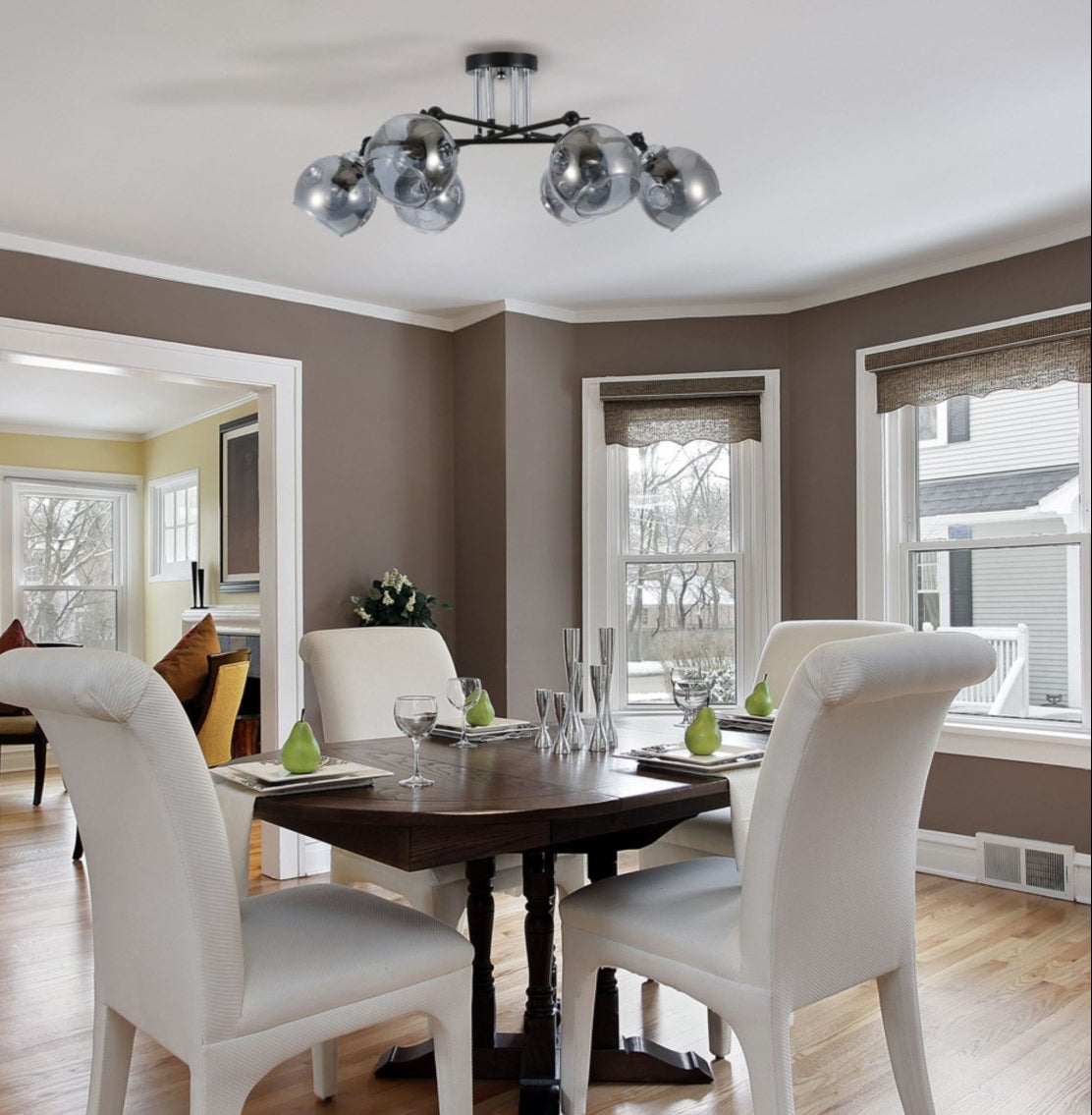 Smoky Glass Black And Chrome Semi Flush Ceiling Light 6Xe27 in indoor setting living room