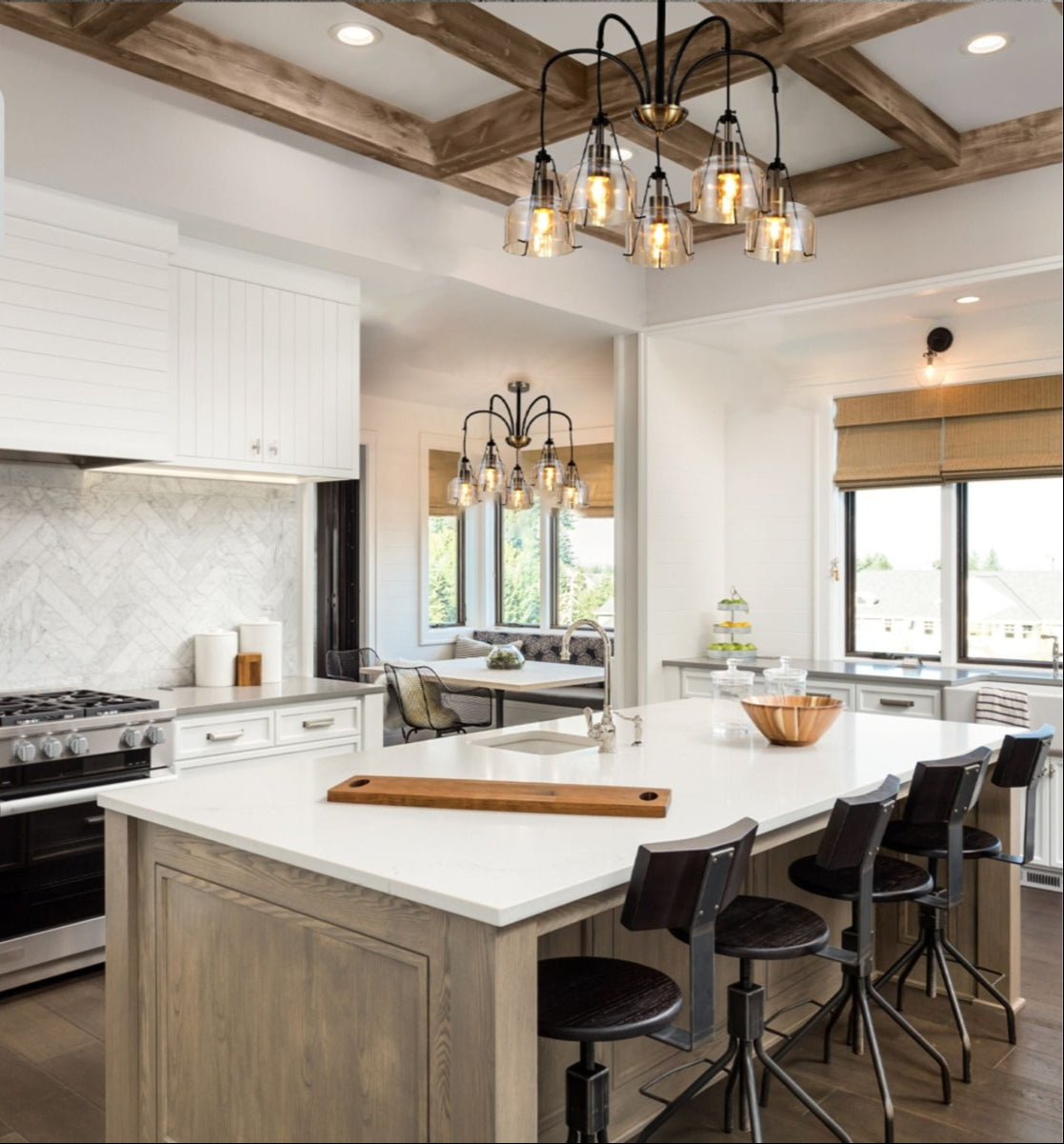 Amber Glass Black And Antique Brass Suspended Ceiling Light 5Xe27 in indoor setting kitchen island top