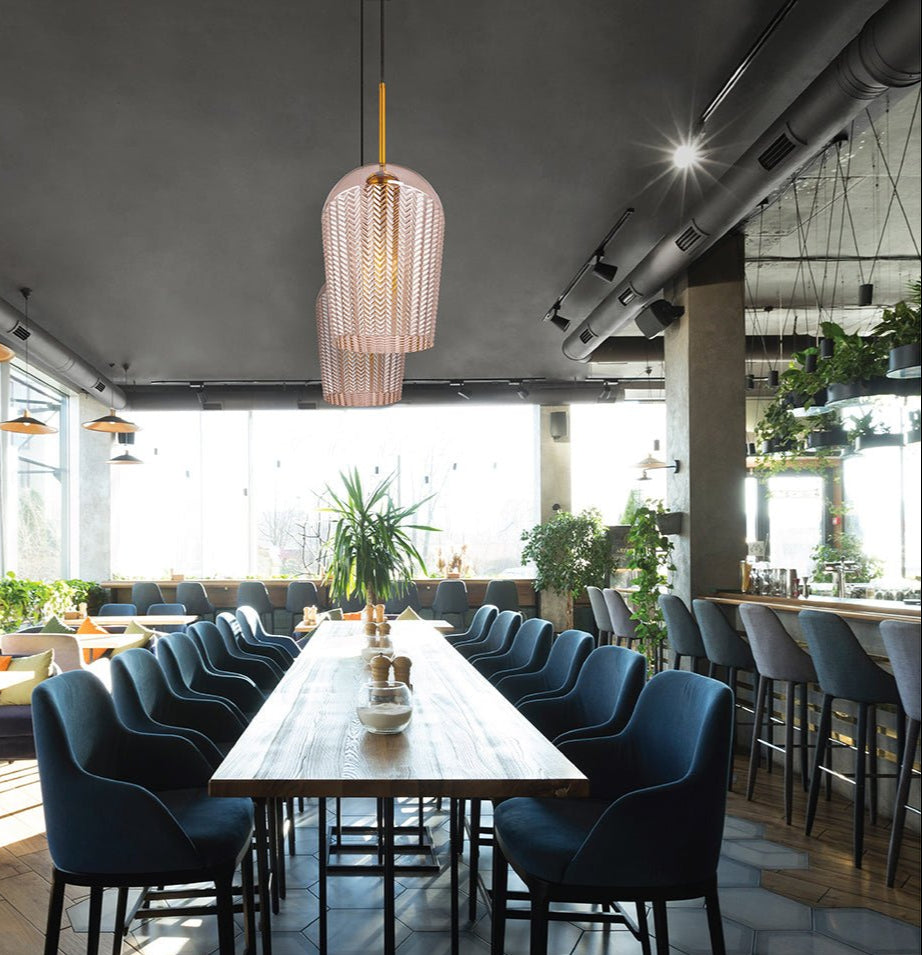 Amber glass schoolhouse pendant light with e27 fitting in indoor setting café restaurant