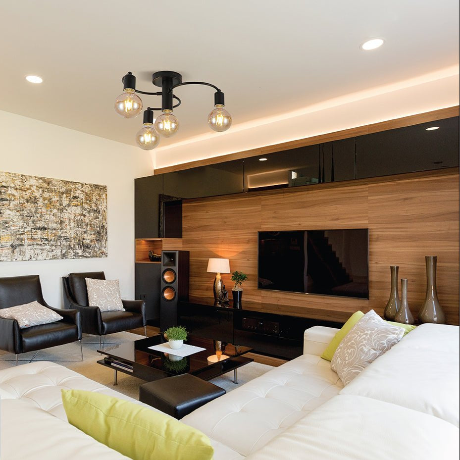 Black metal ceiling light with 4xe27 fitting in indoor setting living room lobby