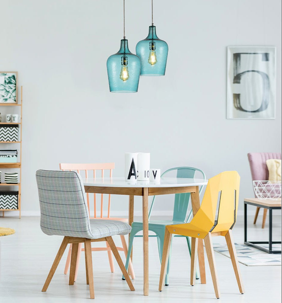 Blue frosted glass schoolhouse pendant light l with e27 fitting in indoor setting kitchen cafe