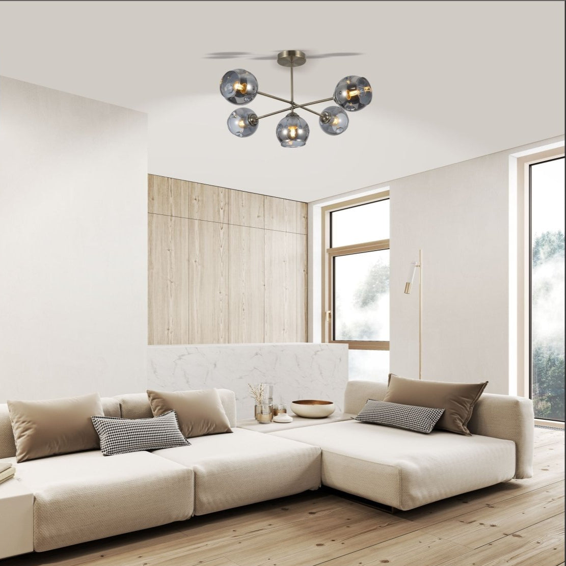 Clear Glass Dome Antique Brass Semi Flush Ceiling Light 5Xe27 in indoor setting living room