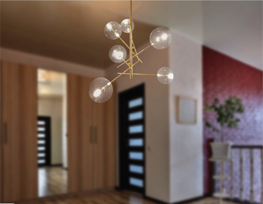 Golden antique brass metal clear glass globe chandelier with g4 fitting in indoor setting hallway entrance