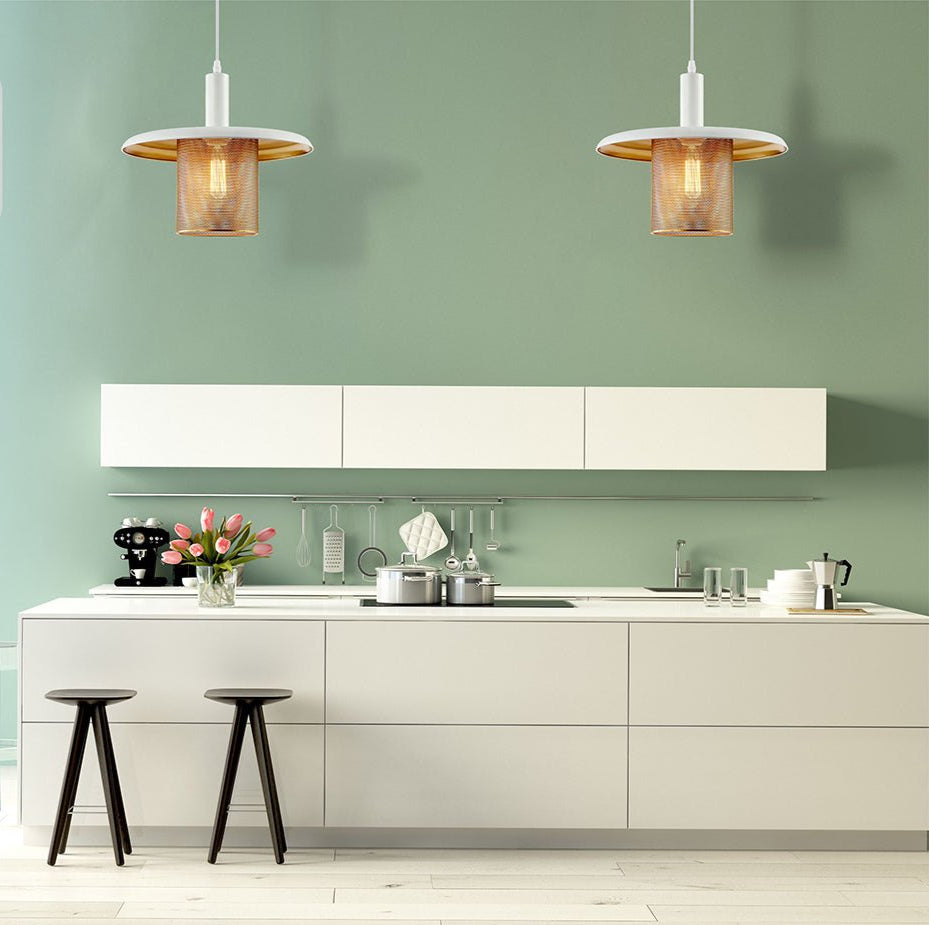 White-golden metal caged flat pendant light with e27 fitting in indoor setting kitchen island