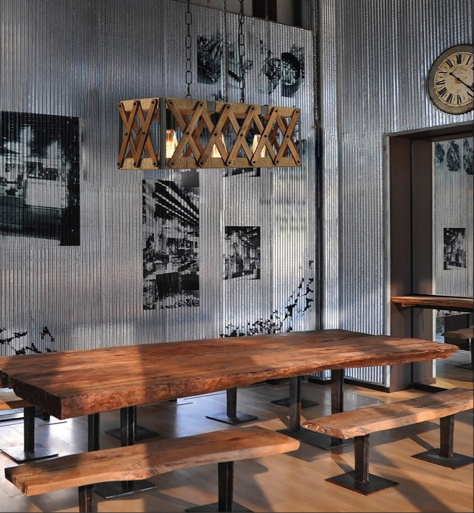 Wood black metal cuboid island chandelier with 3xe27 fitting in indoor setting cafe restaurant bar