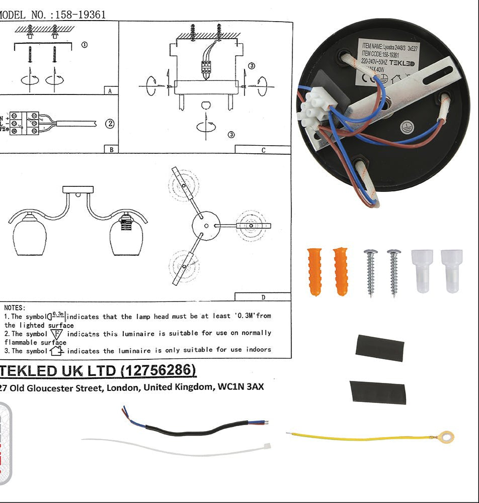 User manual and box content of amber glass black semi-flush ceiling light with 3xe27 fitting