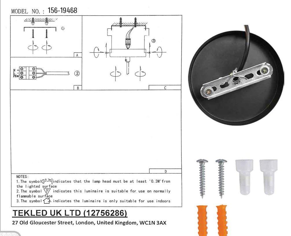 User manual and box content of amber glass funnel striped pendant light with e27 fitting