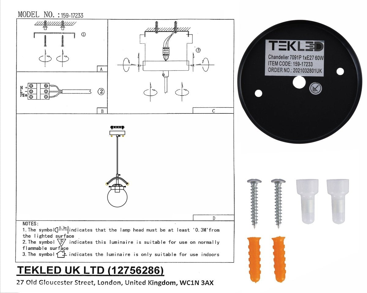 User manual and box content of amber glass globe black and antique brass pendant light e27