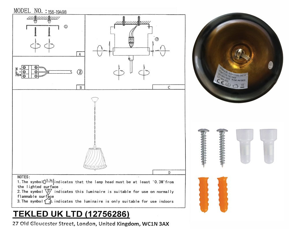 User manual and box content of antique brass caged frustum pendant light 3xe14