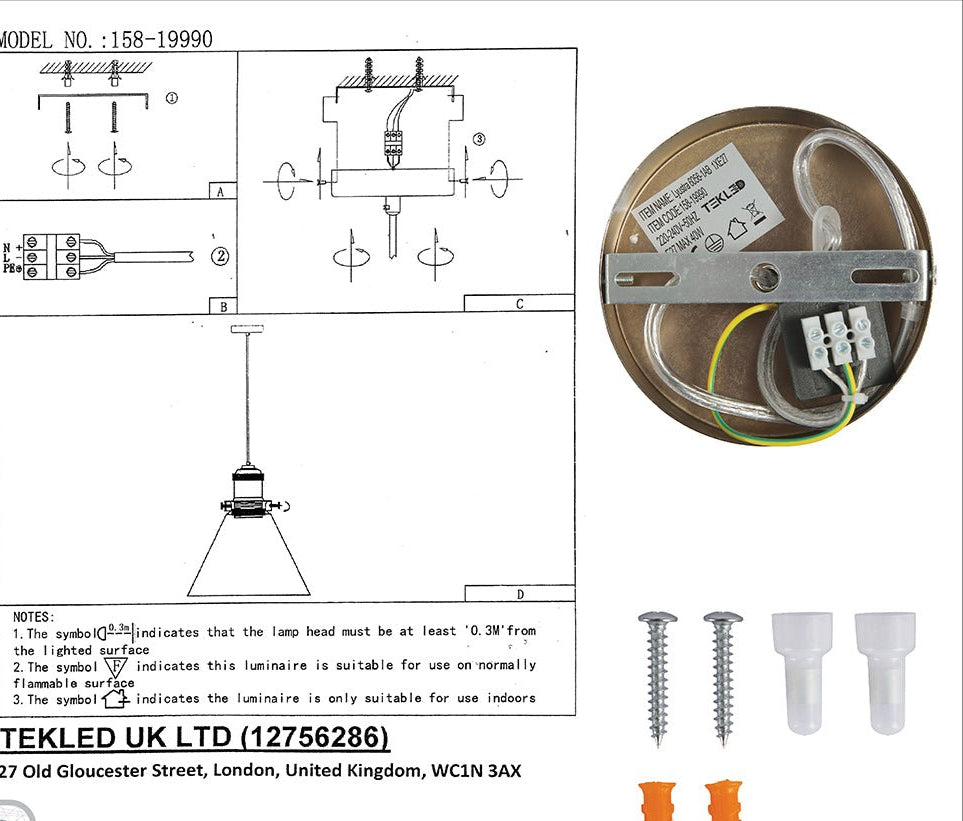 User manual and box content of antique brass metal clear glass funnel pendant light with e27 fitting