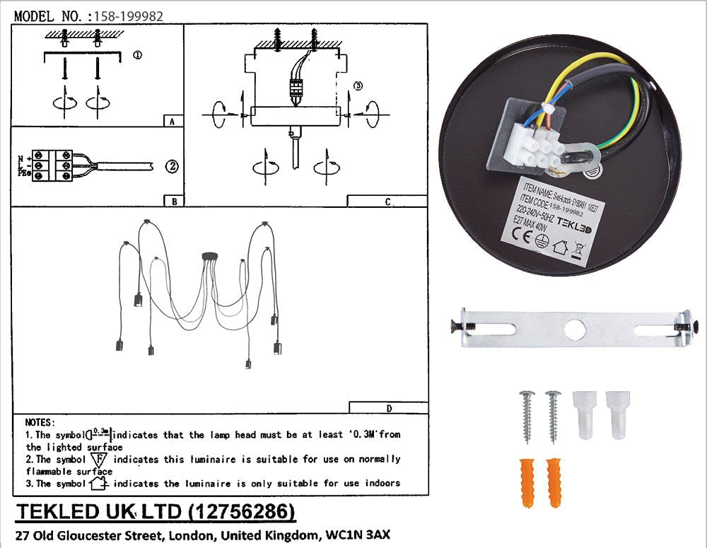 User manual and box content of black cord spider chandelier with 6xe27 fitting