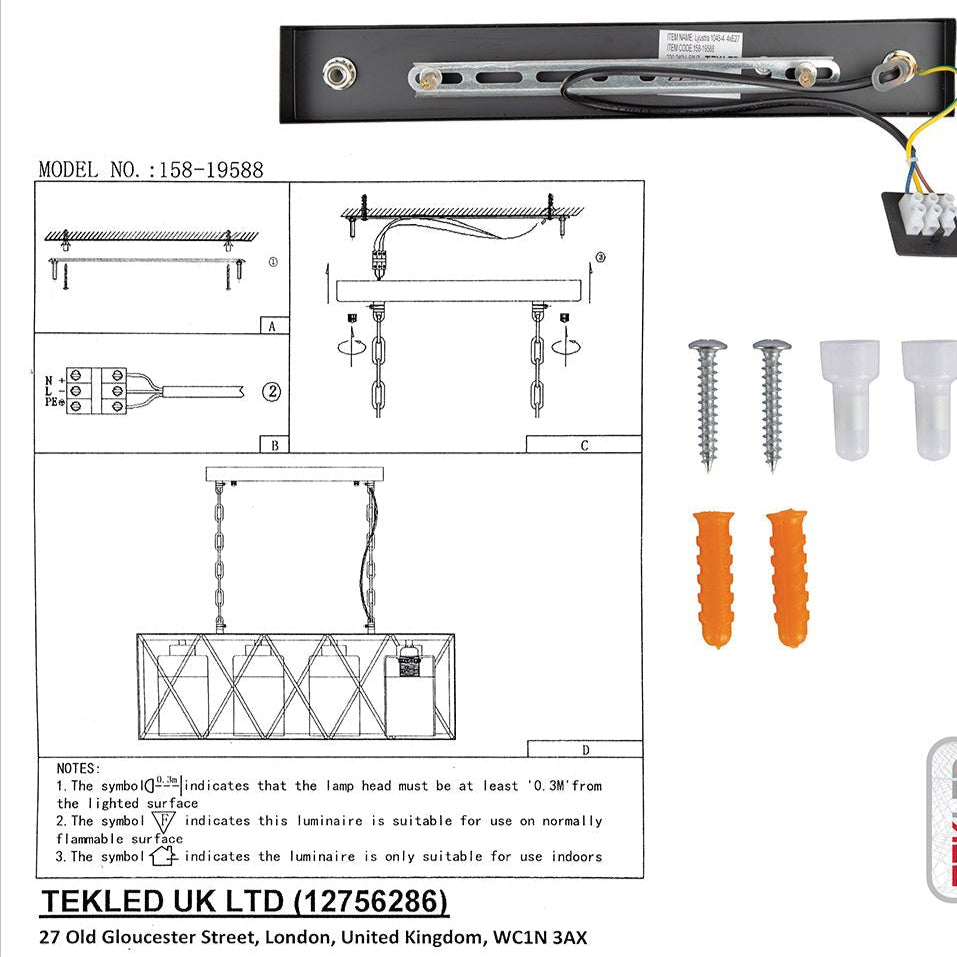 User manual and box content of black cuboid metal amber cylinder glass island chandelier with 4xe27 fitting