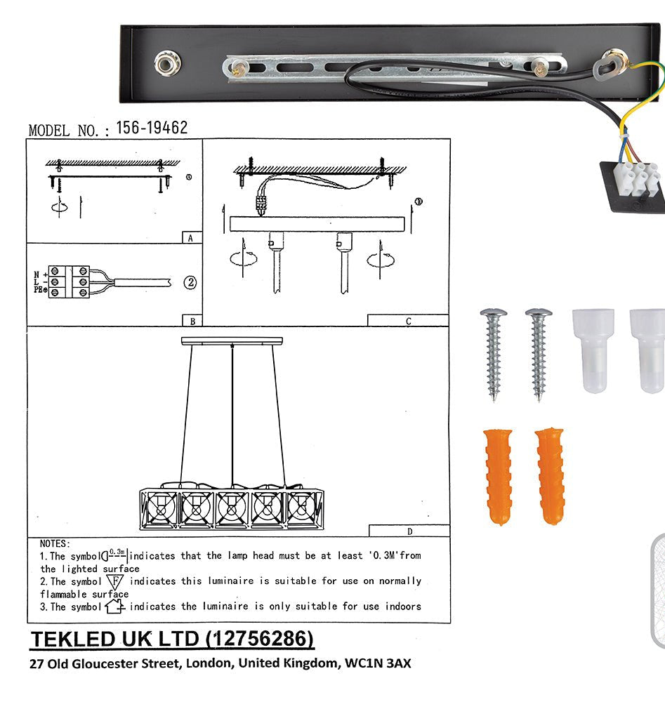 User manual and box content of black cuboid metal cylinder amber glass island chandelier with 5xe27 fitting