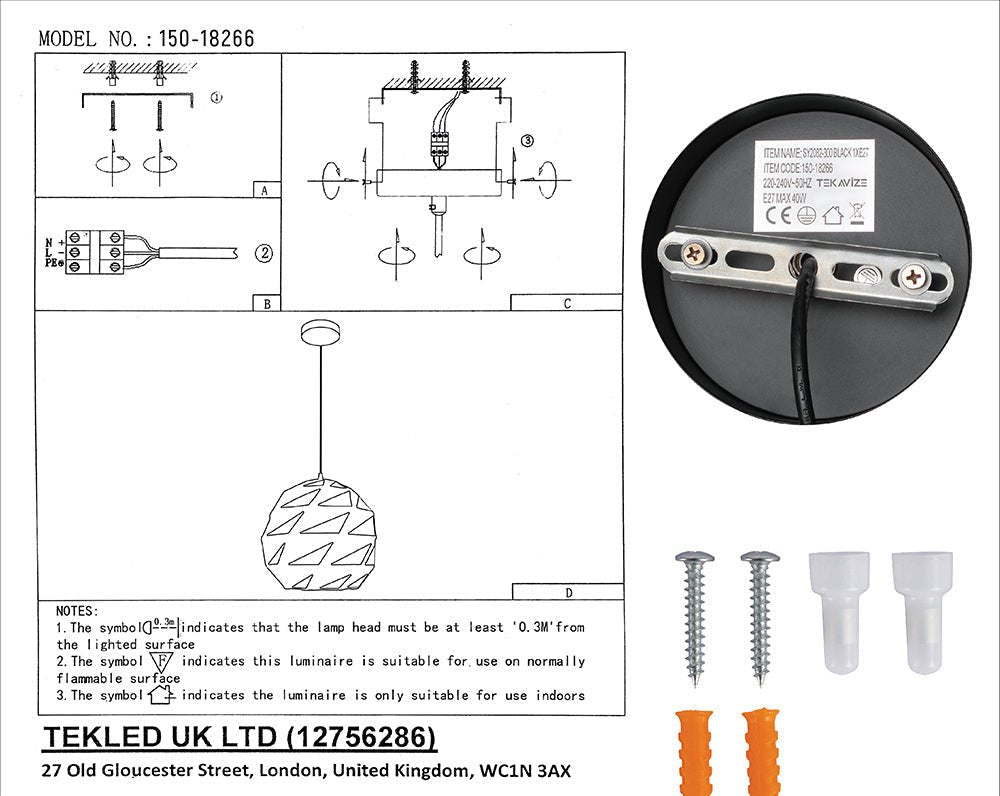 User manual and box content of black-golden metal polyhedral pendant light l with e27 fitting