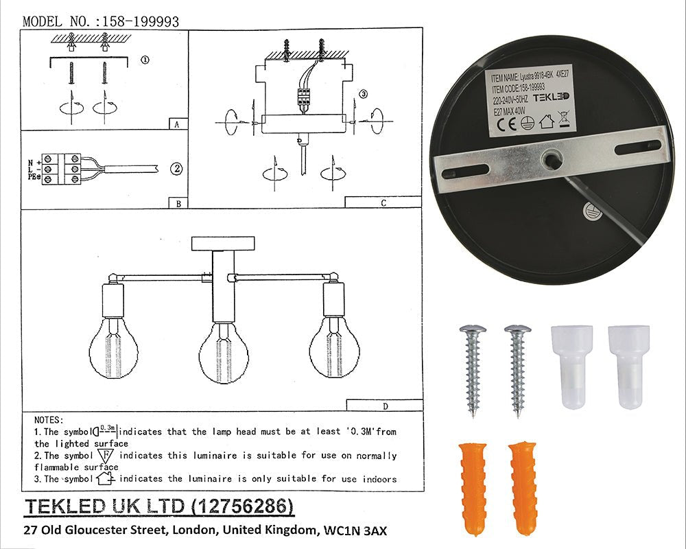 User manual and box content of black metal ceiling light with 4xe27 fitting