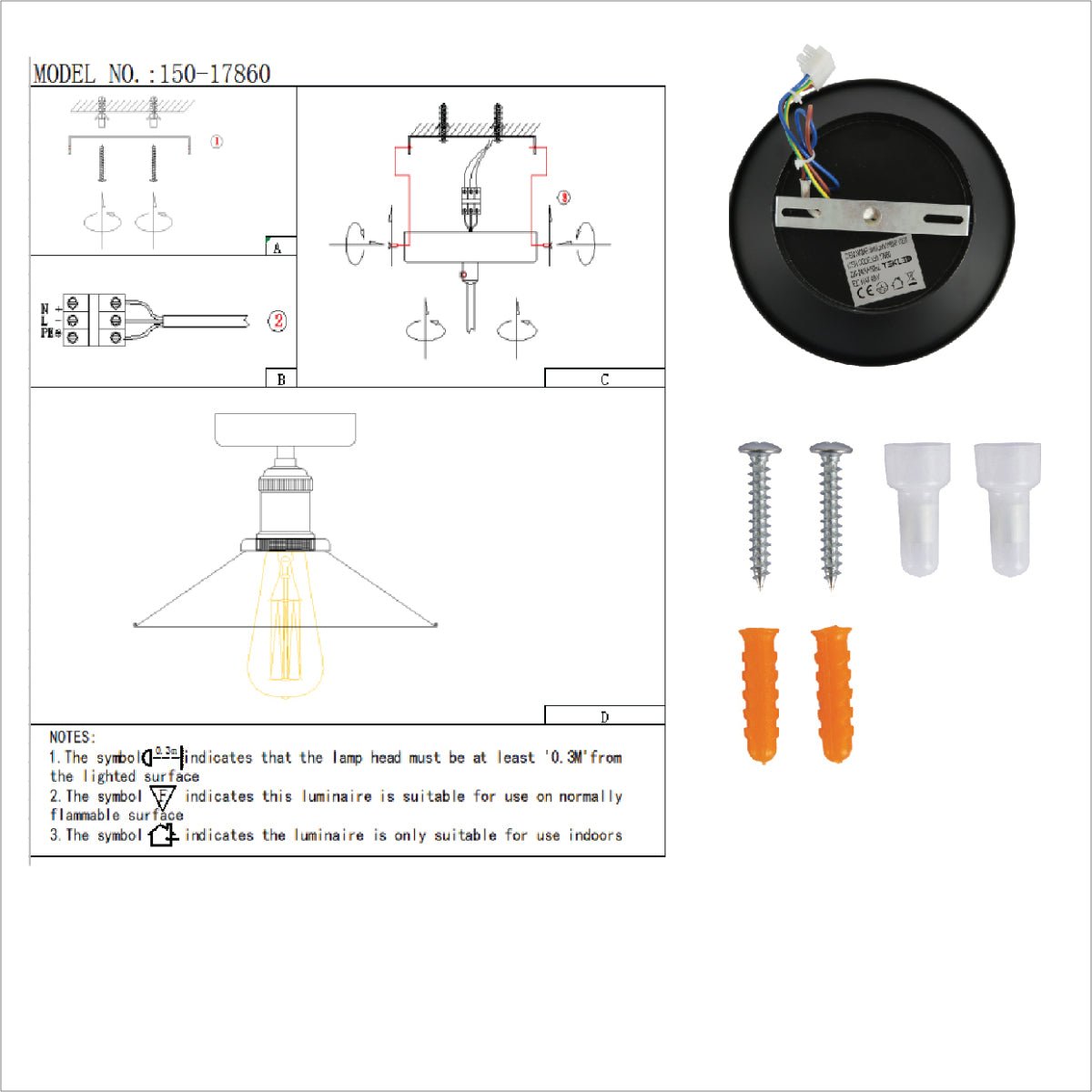 User manual for Black Metal Funnel Ceiling Light with E27 | TEKLED 150-17860