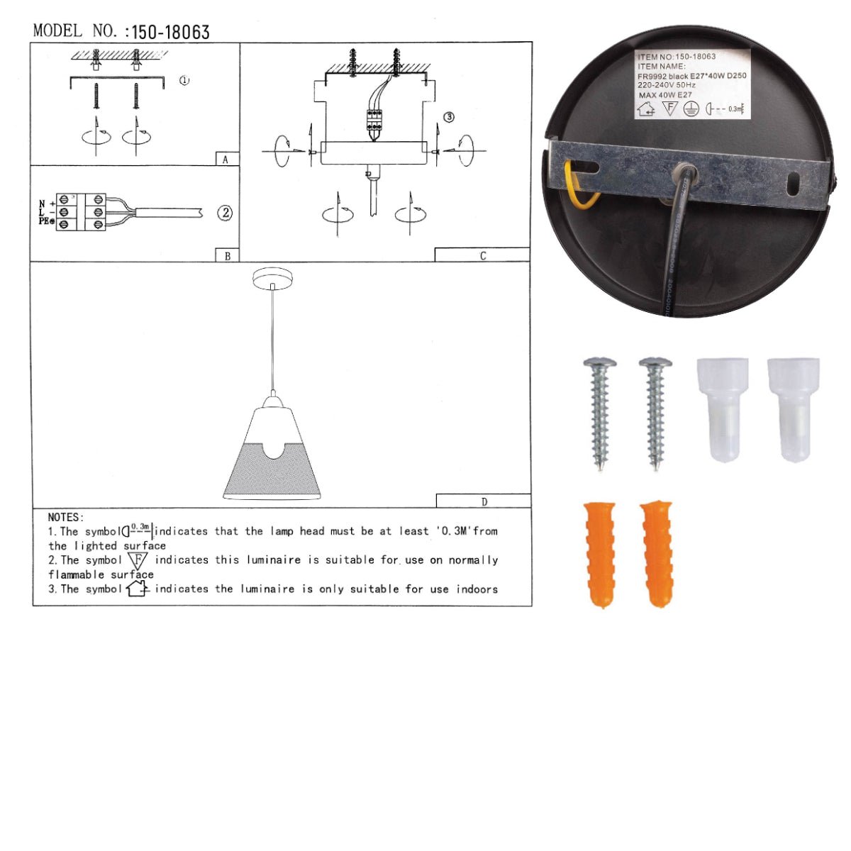 User manual for Black Metal Funnel Pendant Ceiling Light with E27 | TEKLED 150-18063